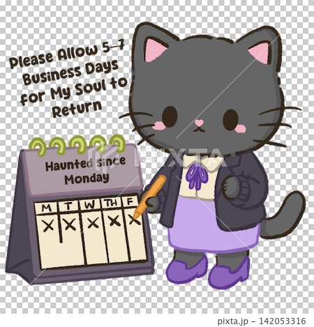 Cute black cat marking days on office calendar waiting for soul to return funny haunted corporate Halloween illustration spooky workplace humor design Cute black cat marking days on office calendar waiting for soul to return funny haunted corporate Halloween illustration spooky workplace humor design 142053316