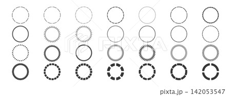 Circular dashed line frames with radial patterns and geometric borders. Modern round shapes, dots, and ornamental outlines for vector graphic designs and decorative elements. Circular dashed line frames with radial patterns and geometric borders. Modern round shapes, dots, and ornamental outlines for vector graphic designs and decorative elements. 142053547