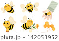 Cute cartoon bee collection featuring cheerful honeybees in different poses, a bee with a flower, honey jar, honeycomb and playful decorative elements on a white background 142053952