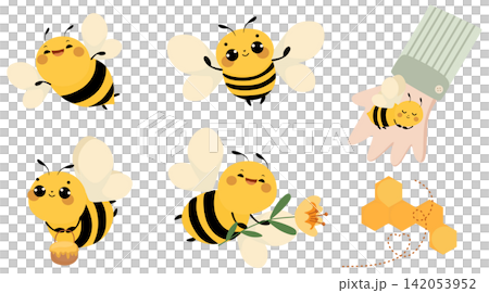 Cute cartoon bee collection featuring cheerful honeybees in different poses, a bee with a flower, honey jar, honeycomb and playful decorative elements on a white background Cute cartoon bee collection featuring cheerful honeybees in different poses, a bee with a flower, honey jar, honeycomb and playful decorative elements on a white background 142053952