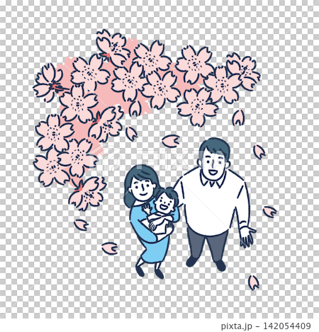 一組以櫻花、一對年輕夫婦和一個嬰兒為主題的場景。 142054409