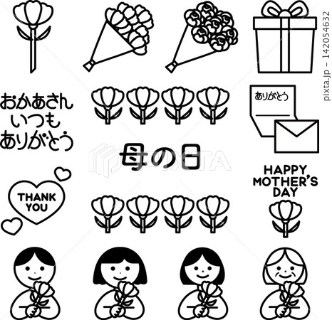 母の日のモノクロイラストセット 母の日のモノクロイラストセット 142054632