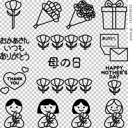 母の日のモノクロイラストセット 母の日のモノクロイラストセット 142054632