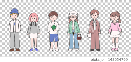 一組可愛的手繪大學生時尚搭配插圖。 一組可愛的手繪大學生時尚搭配插圖。 142054799