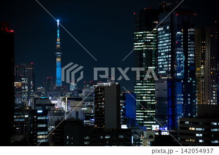 東京都　ライトアップした東京スカイツリー・芝公園から眺める夜の東京都市風景 142054937