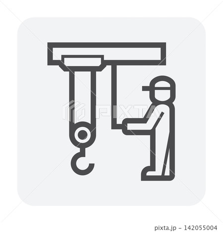Steel worker operating overhead crane for industrial material handling and lifting icon 142055004