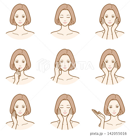 スキンケアをする女性のポーズ・表情イラストセット スキンケアをする女性のポーズ・表情イラストセット 142055016