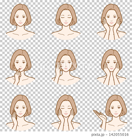 スキンケアをする女性のポーズ・表情イラストセット スキンケアをする女性のポーズ・表情イラストセット 142055016