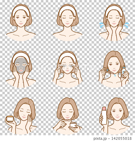 一組描繪女性使用保養品的插圖。 一組描繪女性使用保養品的插圖。 142055018