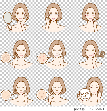 女性の肌悩みと肌トラブルのイラストセット 142055021