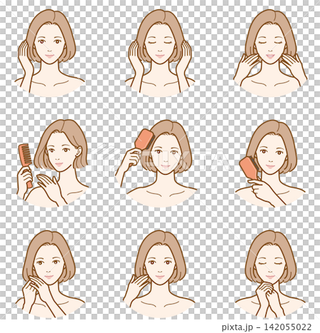 A set of illustrations of a woman with long hair doing hair care. A set of illustrations of a woman with long hair doing hair care. 142055022