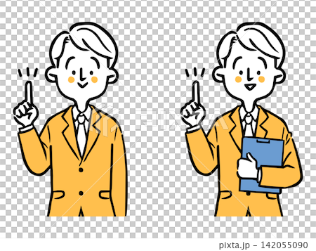 ポイントを説明する男性会社員 上半身 ベクター(オレンジ) ポイントを説明する男性会社員 上半身 ベクター(オレンジ) 142055090