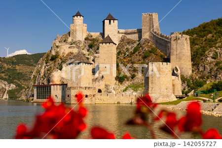Nine tall towers of Golubac fortress are interconnected by wide stone walls. Nine tall towers of Golubac fortress are interconnected by wide stone walls. 142055727
