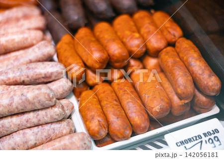 Store sells chorizo sausages, traditional appetizer and barbecue dish Store sells chorizo sausages, traditional appetizer and barbecue dish 142056181