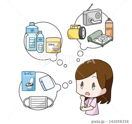 防災用品を考える女性のイラスト 142056358