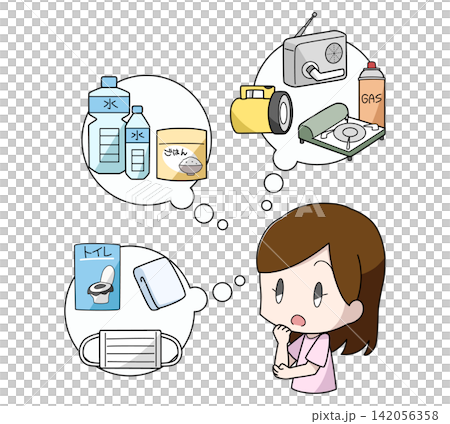 防災用品を考える女性のイラスト 142056358