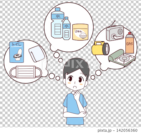防災用品を考える男性のイラスト 142056360
