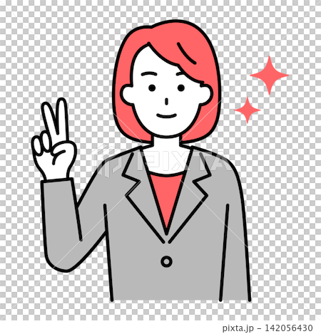 A woman in a suit making a peace sign A woman in a suit making a peace sign 142056430