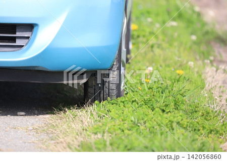 道端のシロツメグサとタンポポの草地と青い車 道端のシロツメグサとタンポポの草地と青い車 142056860