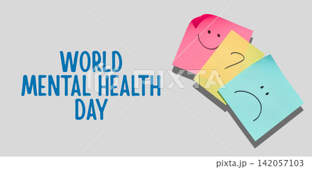 World Mental Health day. Colorful notes with faces promote mental health and support World Mental Health day. Colorful notes with faces promote mental health and support 142057103
