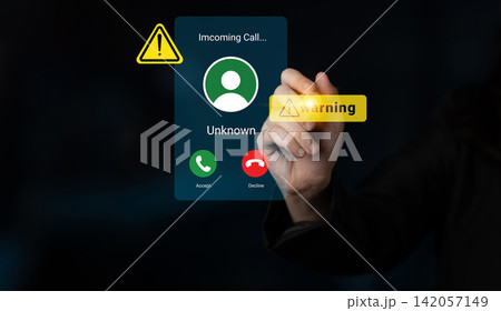 Digital interface showing incoming call from unknown number with warning symbol, emphasizing caution in telecommunications and communication security Gantry Digital interface showing incoming call from unknown number with warning symbol, emphasizing caution in telecommunications and communication security Gantry 142057149