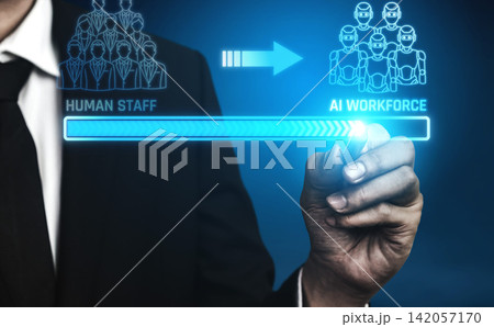 Transition from Human Staff to AI Workforce Illustrated with Digital Graphics and Business Professional Hand Gesturing Toward Future Technology. Liminal 142057170