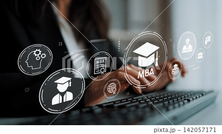 Person Typing on Keyboard with Digital Icons Representing MBA Education, Knowledge, Career Development, and Business Success. Entropy 142057171