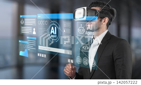 Businessman Engaged in Virtual Reality Experience with AI Interface and Futuristic Technology Concept in Modern Office Environment. Entropy Businessman Engaged in Virtual Reality Experience with AI Interface and Futuristic Technology Concept in Modern Office Environment. Entropy 142057222