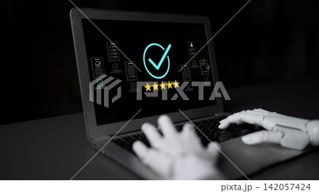 Robotic Hand Typing on Laptop with Checkmark and Rating Stars Representing Quality and Efficiency in Technology and Review Systems Cyphers. 142057424