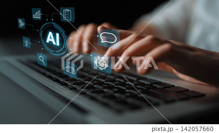 Hands Typing on Laptop with AI Icons and Digital Interface Representing Innovation and Technology in Modern Communication and Business Solutions. Entropy 142057660
