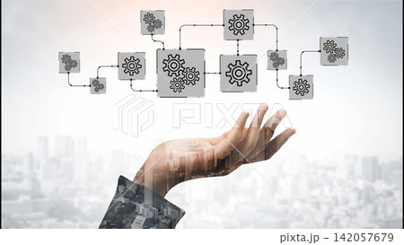 Hand Holding Gear Icons Representing Business Process Automation and Workflow Management in a Modern Cityscape Background. Entropy Hand Holding Gear Icons Representing Business Process Automation and Workflow Management in a Modern Cityscape Background. Entropy 142057679