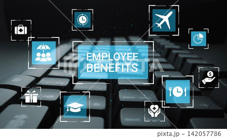 Conceptual image of employee benefits with icons like education, health, and travel, on a dark keyboard background for business or HR use. Gluon Conceptual image of employee benefits with icons like education, health, and travel, on a dark keyboard background for business or HR use. Gluon 142057786