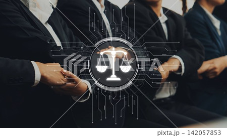 Professional Lawyers in Suits Seated at a Legal Conference with Digital Technology Elements and Justice Symbol Representing Law and Order. Raster 142057853