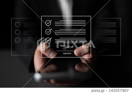 Modern digital signing process using smartphone with virtual signature overlay and checklist, representing convenience and technology in business transactions Cyphers. Modern digital signing process using smartphone with virtual signature overlay and checklist, representing convenience and technology in business transactions Cyphers. 142057907