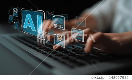 A close-up view of hands typing on a laptop keyboard, surrounded by glowing AI symbols and digital interfaces, showcasing modern technology and the innovation behind data processing. Sigmoid A close-up view of hands typing on a laptop keyboard, surrounded by glowing AI symbols and digital interfaces, showcasing modern technology and the innovation behind data processing. Sigmoid 142057922