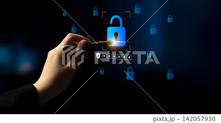 Digital Security Concept with Lock Symbol and Hand Initiating Protection on a Virtual Interface in a Blue Themed Background Cyphers. Digital Security Concept with Lock Symbol and Hand Initiating Protection on a Virtual Interface in a Blue Themed Background Cyphers. 142057930