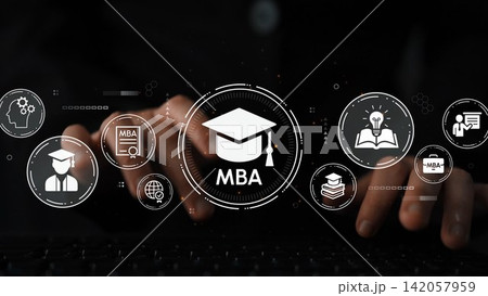 Digital Concept of MBA Education with Icons Representing Learning, Knowledge, and Career Development on a Dark Background. Entropy 142057959