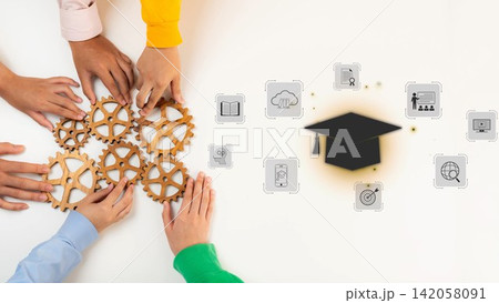 Diverse Hands Collaborating on Gears and Educational Icons Representing Learning, Knowledge, and Skills Development for Academic Success and Growth. Raster Diverse Hands Collaborating on Gears and Educational Icons Representing Learning, Knowledge, and Skills Development for Academic Success and Growth. Raster 142058091