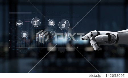 Futuristic Robot Hand Interacting with Digital Dashboard Displaying Business and Technology Icons in a Modern Office Environment Synapse Futuristic Robot Hand Interacting with Digital Dashboard Displaying Business and Technology Icons in a Modern Office Environment Synapse 142058095