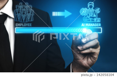 Business Professional Transitioning from Employee to AI Manager with Digital Interface and Futuristic Visual Representation. Liminal 142058104