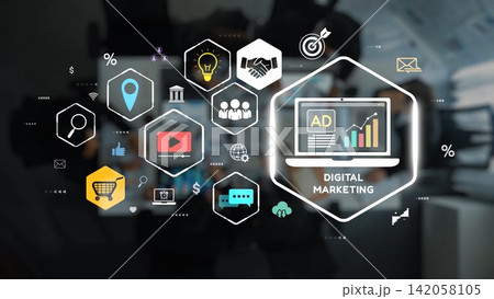 Digital Marketing Concepts Displayed on Computer Screen with Various Icons Representing Strategies, Tools, and Analytics in Modern Business Environment. Raster Digital Marketing Concepts Displayed on Computer Screen with Various Icons Representing Strategies, Tools, and Analytics in Modern Business Environment. Raster 142058105