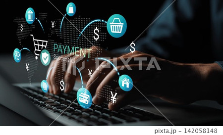 Hands Typing on Laptop with Payment Symbols and Graphics Indicating Successful Online Transactions, E-Commerce Concepts and Digital Payments Gluon 142058148