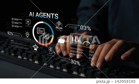 Hands Typing on Keyboard with Futuristic AI Data Analysis Display on Screen, Illustrating Technology and Innovation in Artificial Intelligence Applications Gluon Hands Typing on Keyboard with Futuristic AI Data Analysis Display on Screen, Illustrating Technology and Innovation in Artificial Intelligence Applications Gluon 142058193
