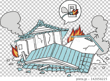 Simple illustration of an electrical fire caused by a collapsed house and an electrical outlet (electrical fire, earthquake, disaster prevention, secondary disaster) 142058225
