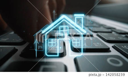 This image depicts a digital concept featuring a virtual house icon overlay on a computer keyboard, symbolizing the integration of technology in real estate transactions and property searches. Sigmoid 142058239