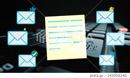 Digital Communication Concept with Emails, Sticky Note, and Black Keyboard Background for Online Interaction and Messaging Use. Entropy 142058240