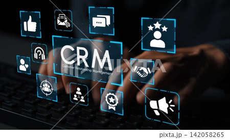 Hands Typing on Keyboard with Digital CRM Icons Representing Customer Relationship Management Concepts and Engagement Strategies in a Modern Workplace Environment. Entropy 142058265