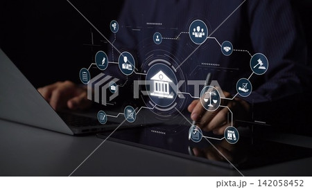 Digital law interface displaying justice scale, highlighting digital law Muxer Digital law interface displaying justice scale, highlighting digital law Muxer 142058452