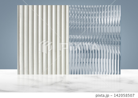 White marble table top and vertical ribbed wall and glass panel background for professional presentation. White marble table top and vertical ribbed wall and glass panel background for professional presentation. 142058507