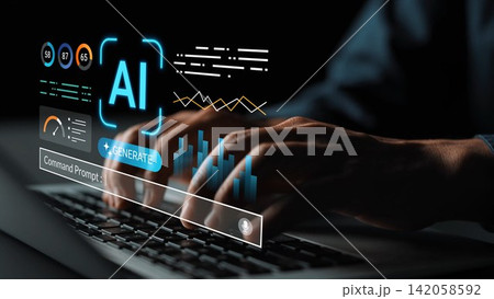 Futuristic Technology Concept with Hands Typing on a Keyboard Surrounded by AI Data Visualizations and Digital Interfaces at Night Gluon 142058592